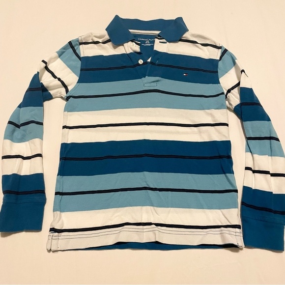 Tommy Hilfiger Kids Blue Striped Polo Shirt Long Sleeve Size Small (6-7) - Picture 1 of 16